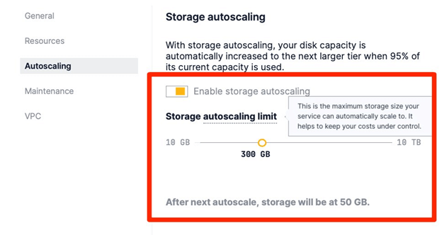 The screenshot of Timescale Cloud UI showing that storage autoscaling feature is enabled, your Timescale Cloud service will increase its storage once it reaches 95% of the current storage plan until it reaches its storage autoscaling limit.
