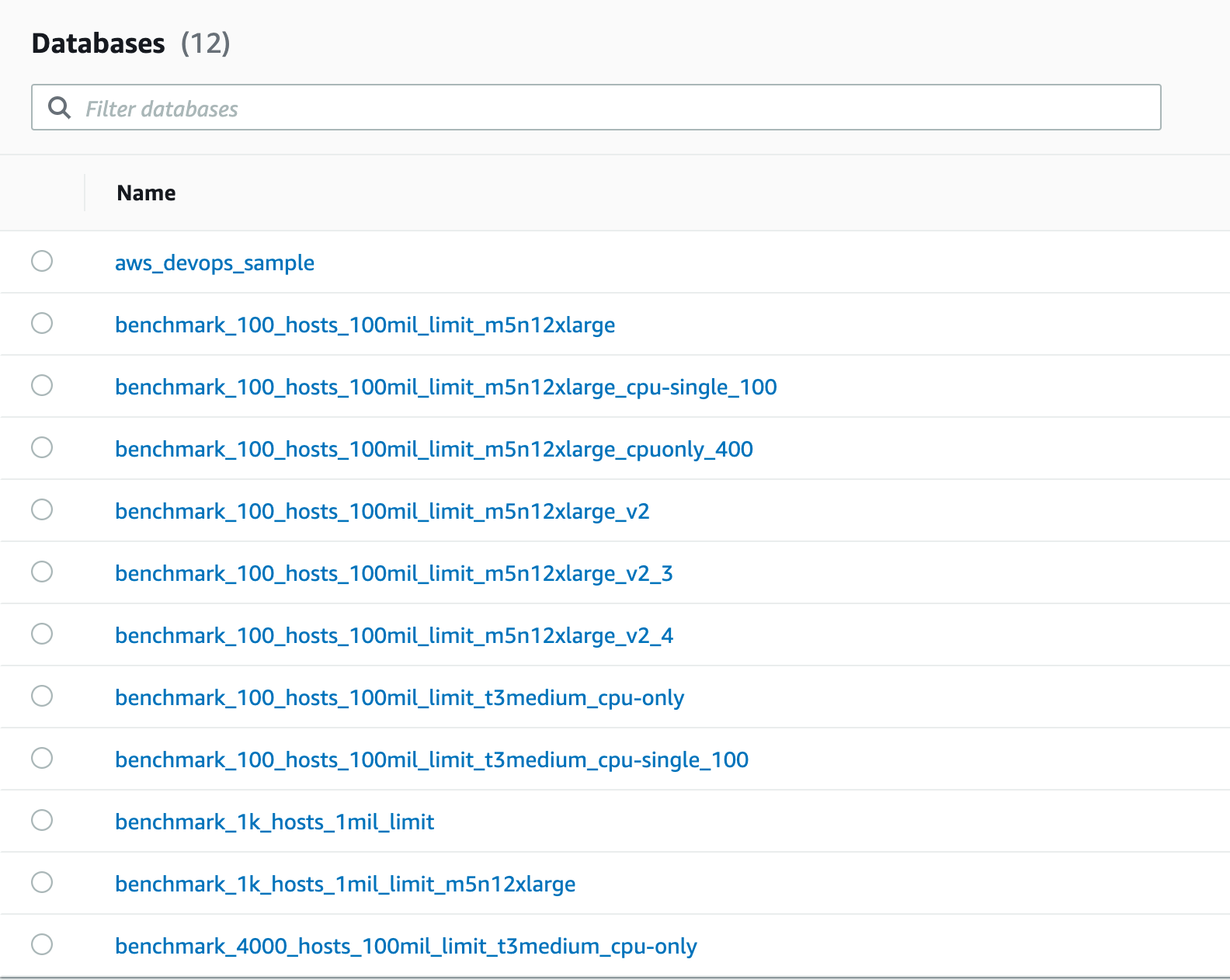 Screenshot of Amazon Timestream UI showing list of databases created during benchmarking process