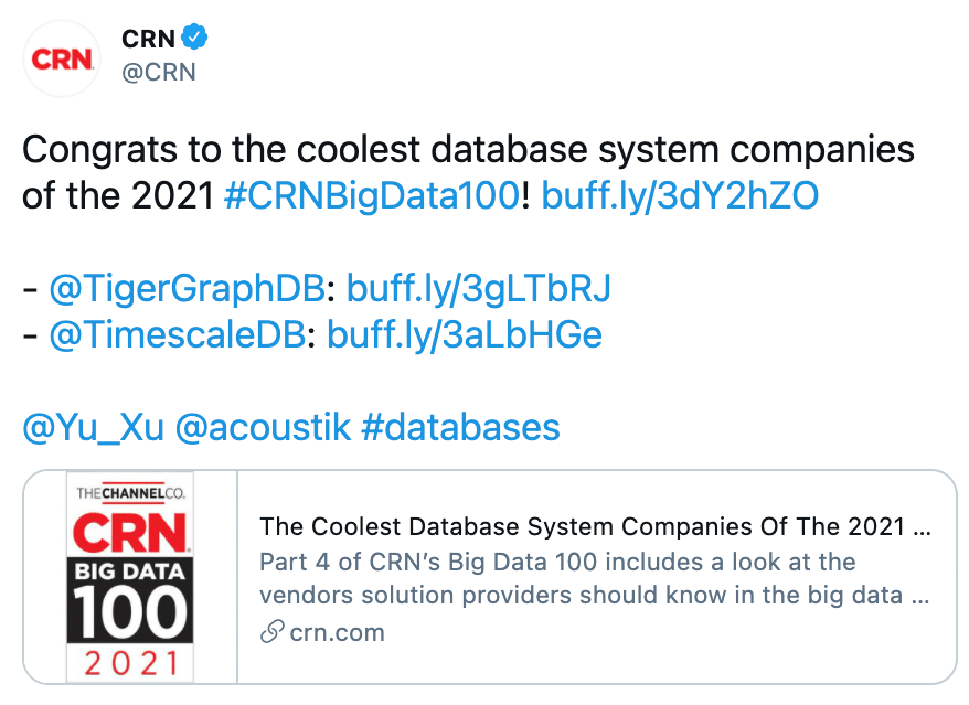 Screenshot of tweet by CRN mentioning TimescaleDB and TigerGraphDB as the coolest database system companies